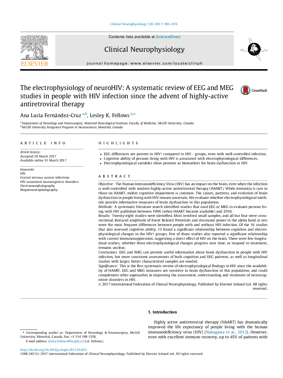 The electrophysiology of neuroHIV: A systematic review of EEG and MEG studies in people with HIV infection since the advent of highly-active antiretroviral therapy