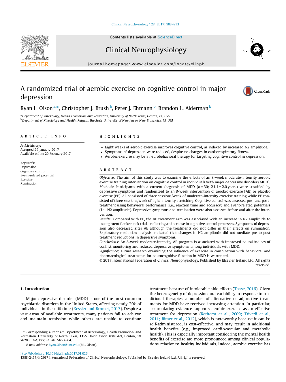 A randomized trial of aerobic exercise on cognitive control in major depression