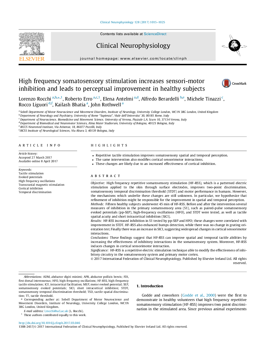 High frequency somatosensory stimulation increases sensori-motor inhibition and leads to perceptual improvement in healthy subjects