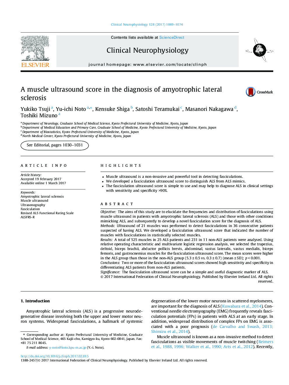 A muscle ultrasound score in the diagnosis of amyotrophic lateral sclerosis