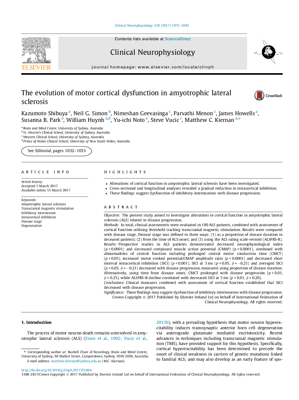 The evolution of motor cortical dysfunction in amyotrophic lateral sclerosis