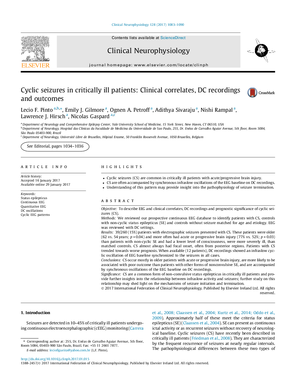 Cyclic seizures in critically ill patients: Clinical correlates, DC recordings and outcomes