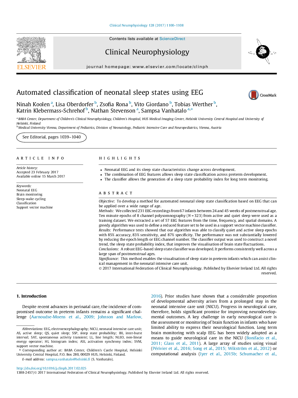 Automated classification of neonatal sleep states using EEG