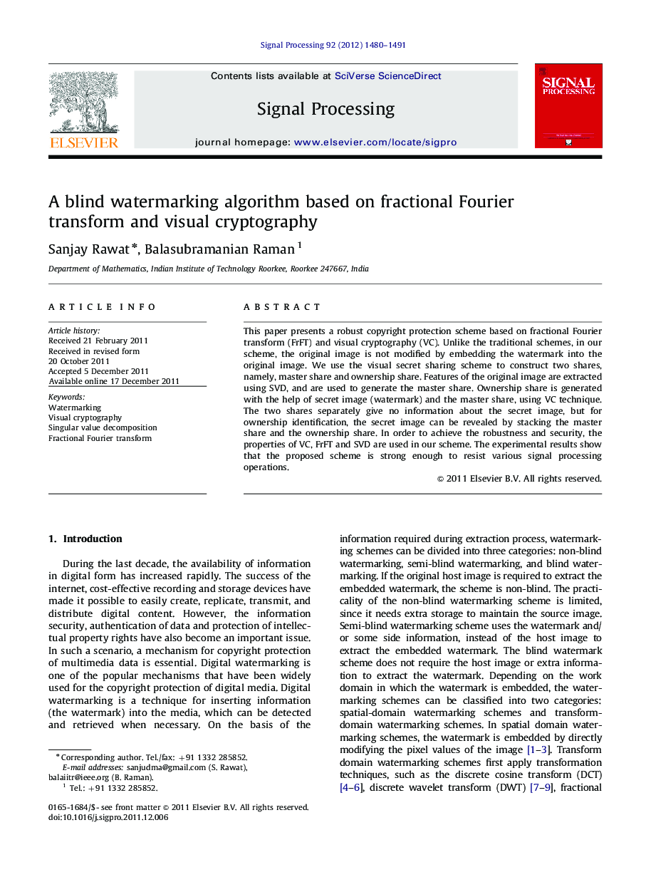 A blind watermarking algorithm based on fractional Fourier transform and visual cryptography