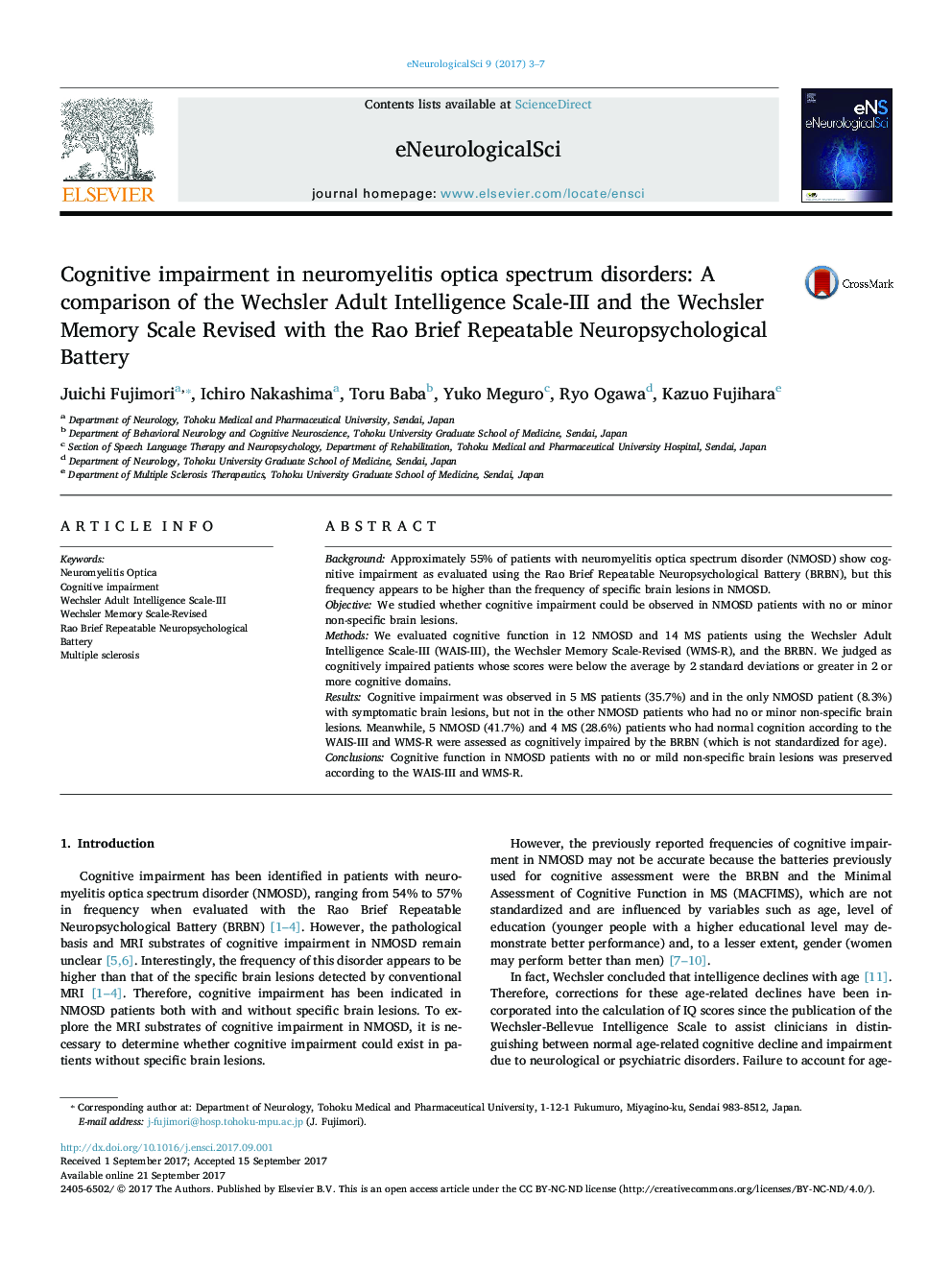 Cognitive impairment in neuromyelitis optica spectrum disorders: A comparison of the Wechsler Adult Intelligence Scale-III and the Wechsler Memory Scale Revised with the Rao Brief Repeatable Neuropsychological Battery