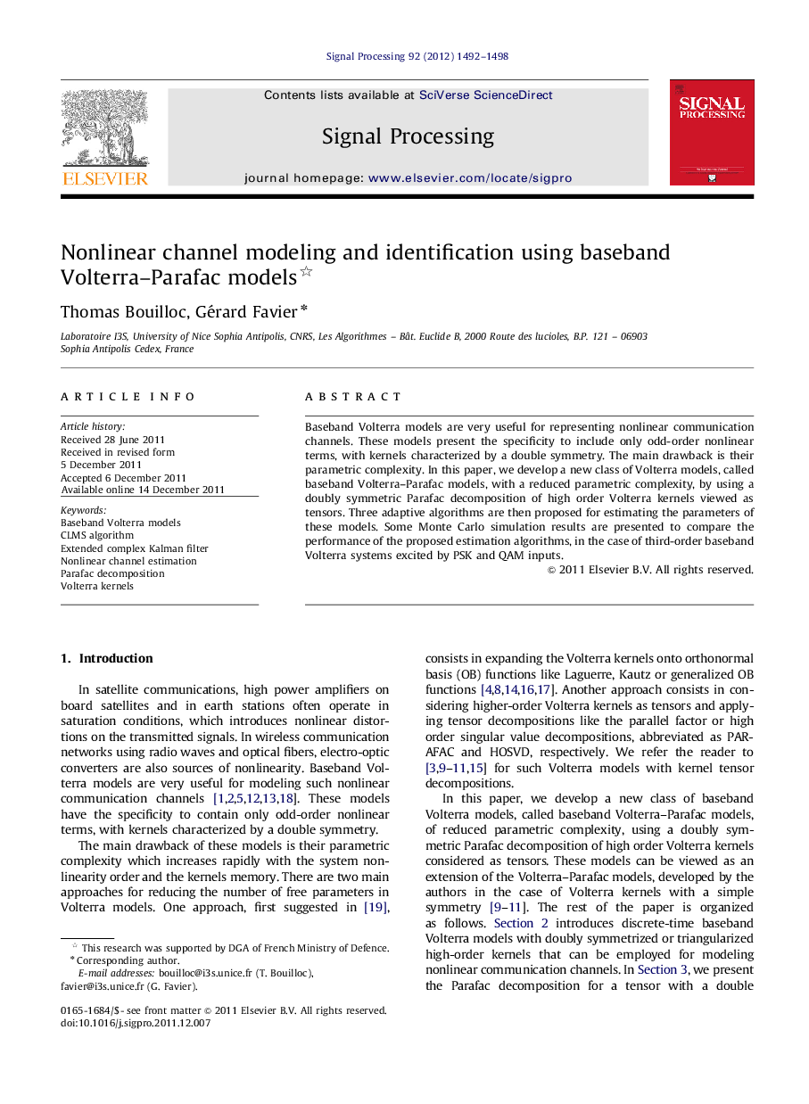 Nonlinear channel modeling and identification using baseband Volterra–Parafac models 