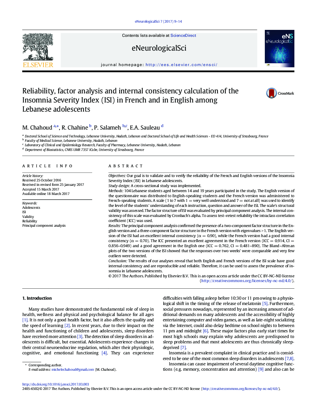 Reliability, factor analysis and internal consistency calculation of the Insomnia Severity Index (ISI) in French and in English among Lebanese adolescents
