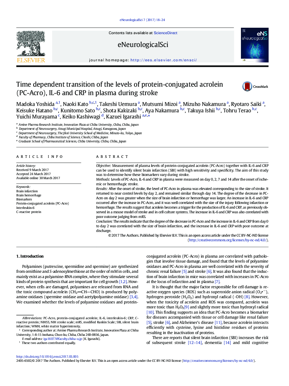 Time dependent transition of the levels of protein-conjugated acrolein (PC-Acro), IL-6 and CRP in plasma during stroke