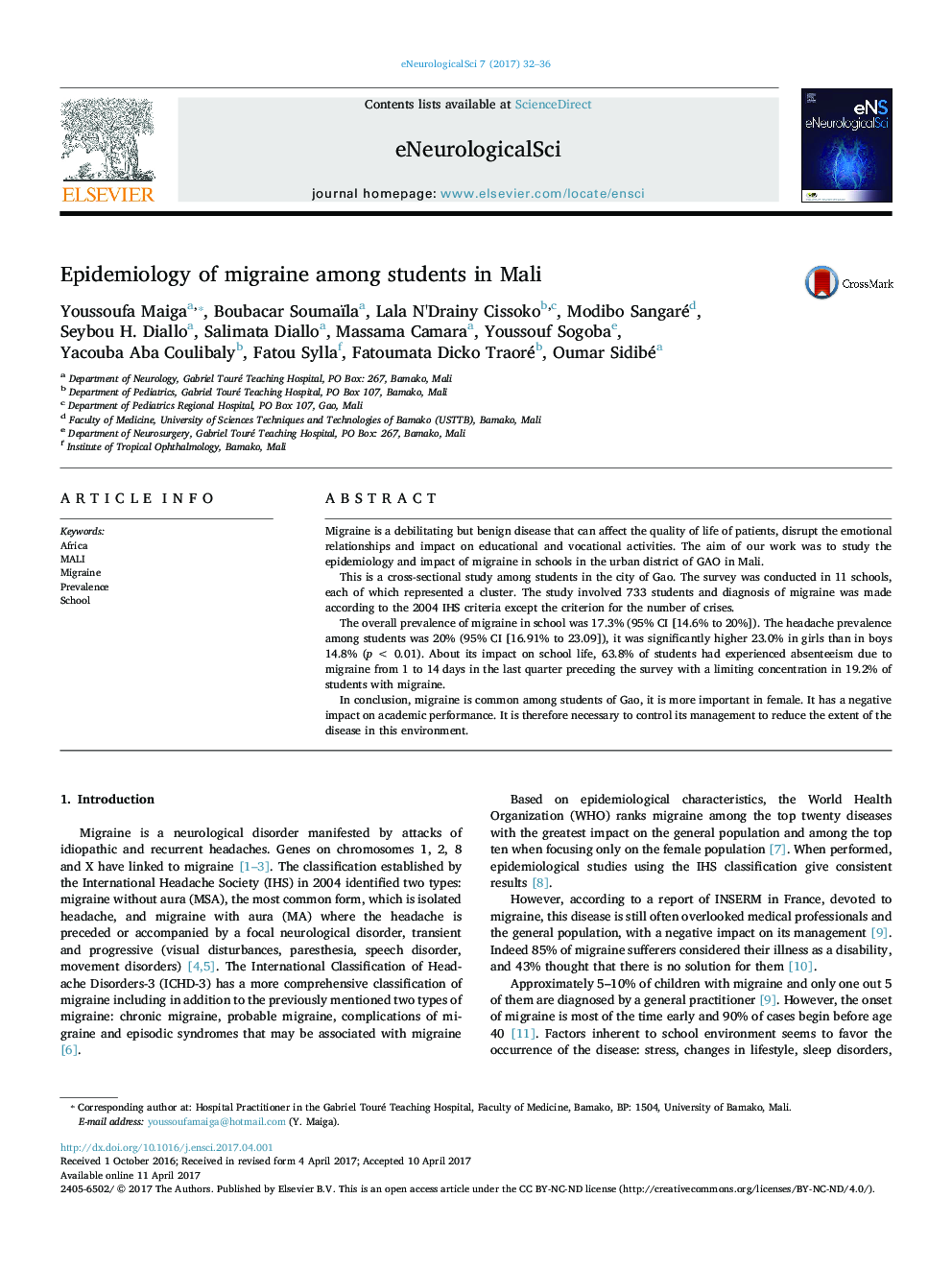 Epidemiology of migraine among students in Mali