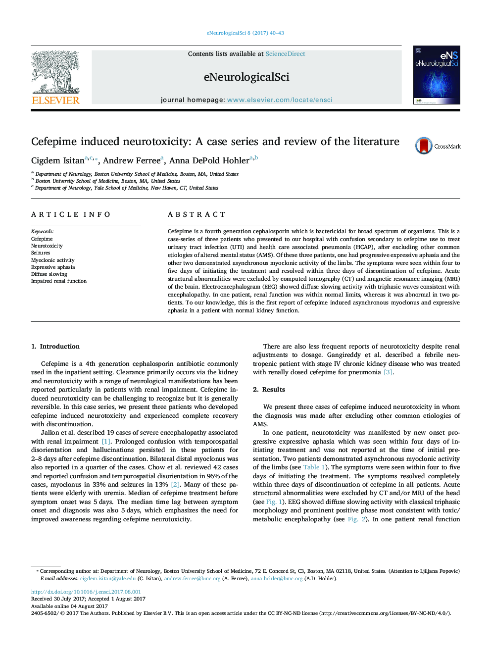 Cefepime induced neurotoxicity: A case series and review of the literature