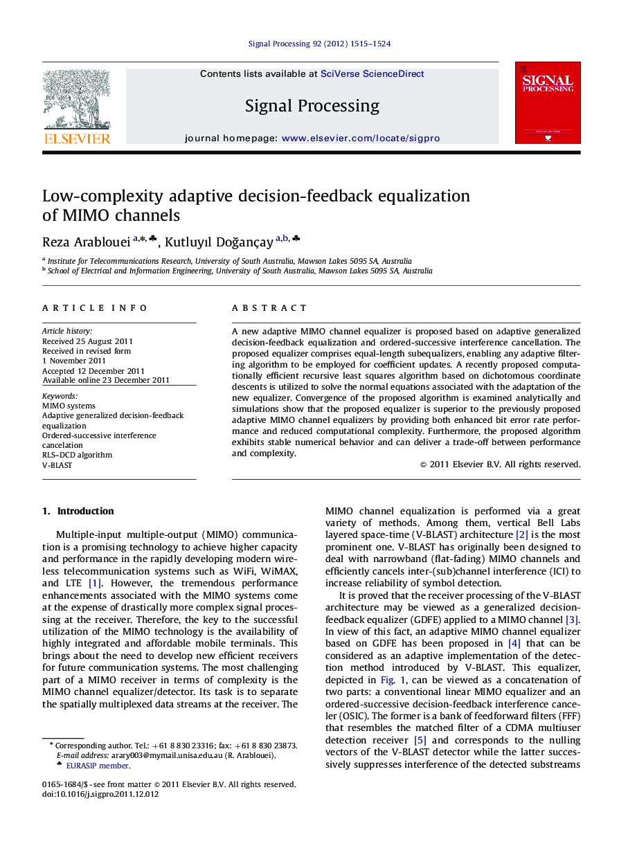 Low-complexity adaptive decision-feedback equalization of MIMO channels