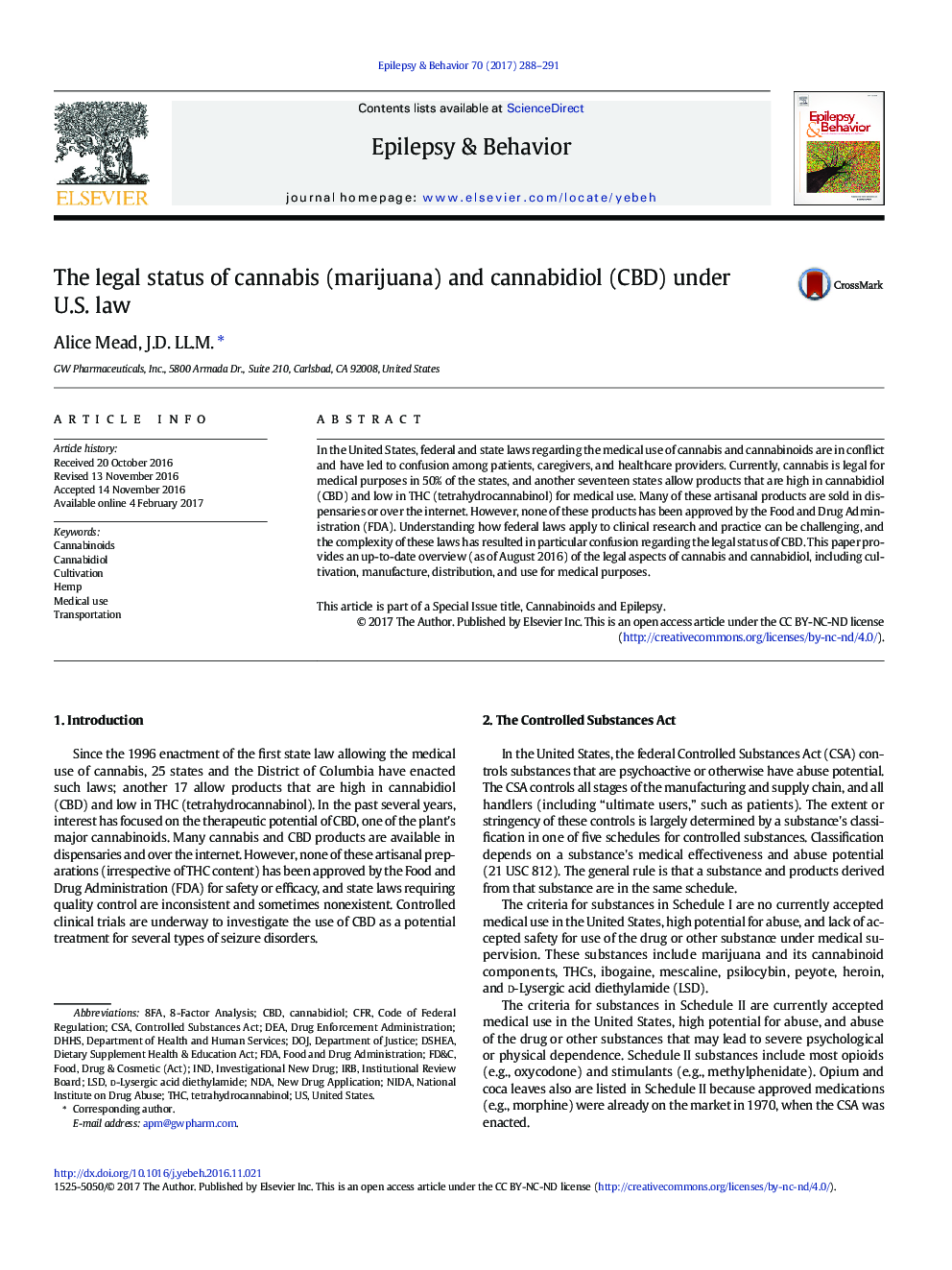 The legal status of cannabis (marijuana) and cannabidiol (CBD) under U.S. law