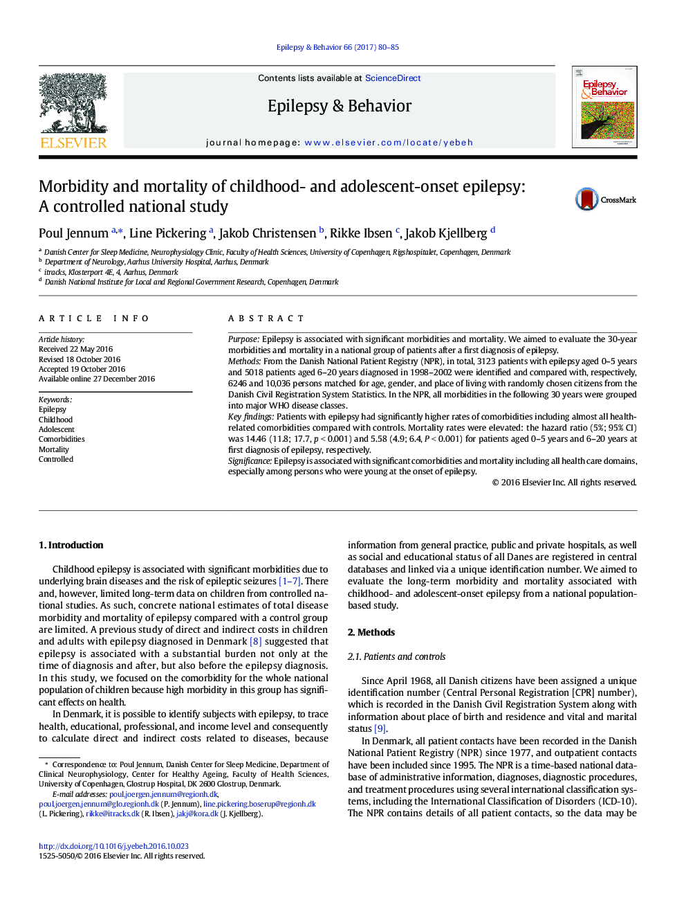 Morbidity and mortality of childhood- and adolescent-onset epilepsy: A controlled national study