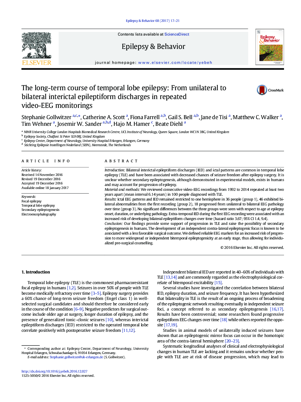 The long-term course of temporal lobe epilepsy: From unilateral to bilateral interictal epileptiform discharges in repeated video-EEG monitorings