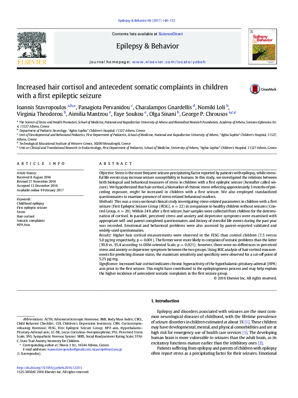 Increased hair cortisol and antecedent somatic complaints in children with a first epileptic seizure