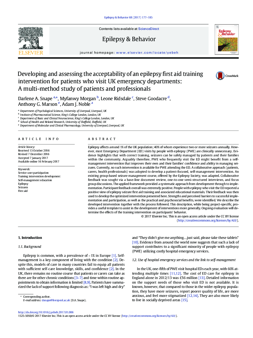 Developing and assessing the acceptability of an epilepsy first aid training intervention for patients who visit UK emergency departments: A multi-method study of patients and professionals