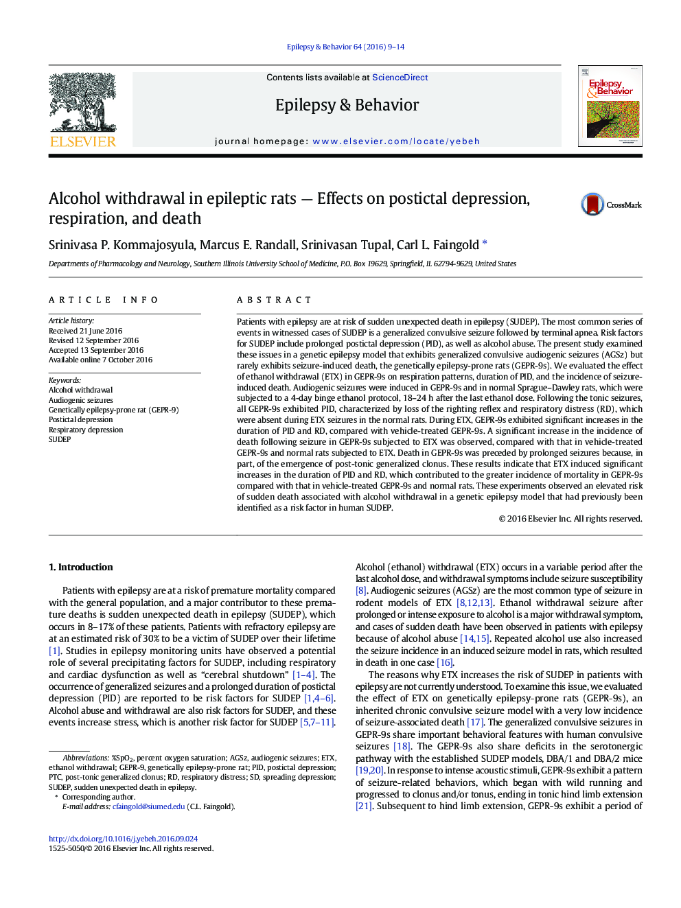 Alcohol withdrawal in epileptic rats - Effects on postictal depression, respiration, and death