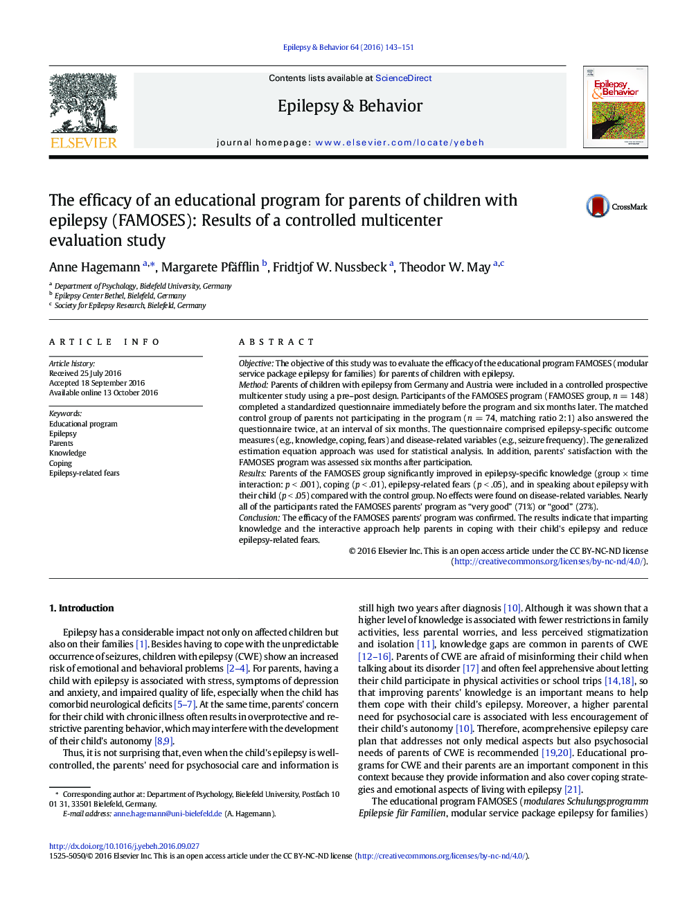 The efficacy of an educational program for parents of children with epilepsy (FAMOSES): Results of a controlled multicenter evaluation study