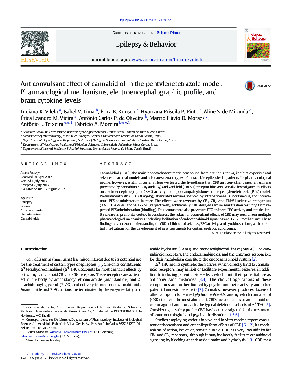 Anticonvulsant effect of cannabidiol in the pentylenetetrazole model: Pharmacological mechanisms, electroencephalographic profile, and brain cytokine levels