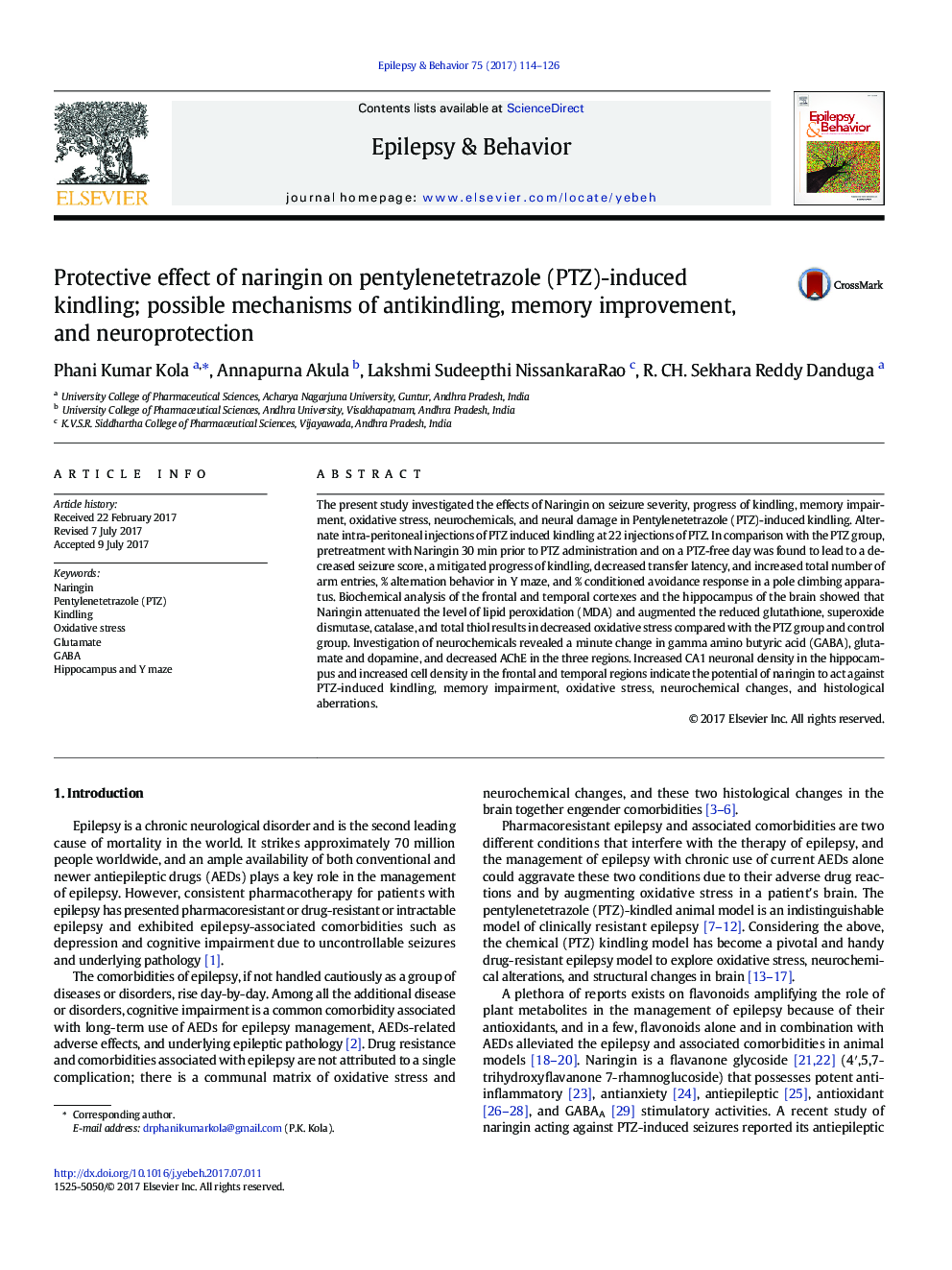 Protective effect of naringin on pentylenetetrazole (PTZ)-induced kindling; possible mechanisms of antikindling, memory improvement, and neuroprotection