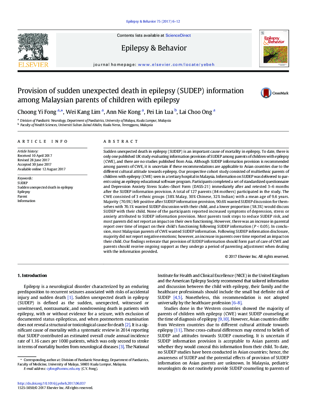 Provision of sudden unexpected death in epilepsy (SUDEP) information among Malaysian parents of children with epilepsy