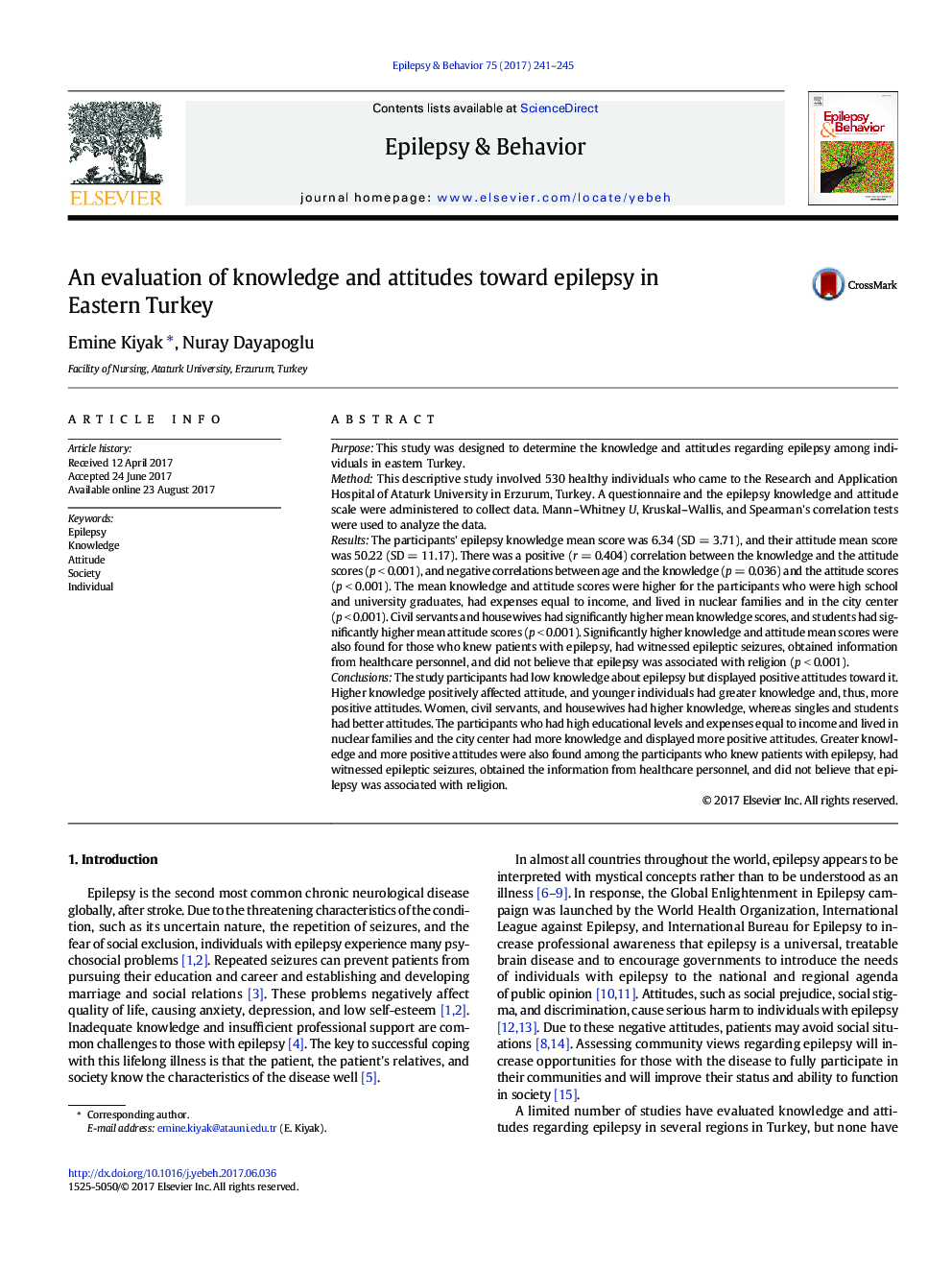An evaluation of knowledge and attitudes toward epilepsy in Eastern Turkey