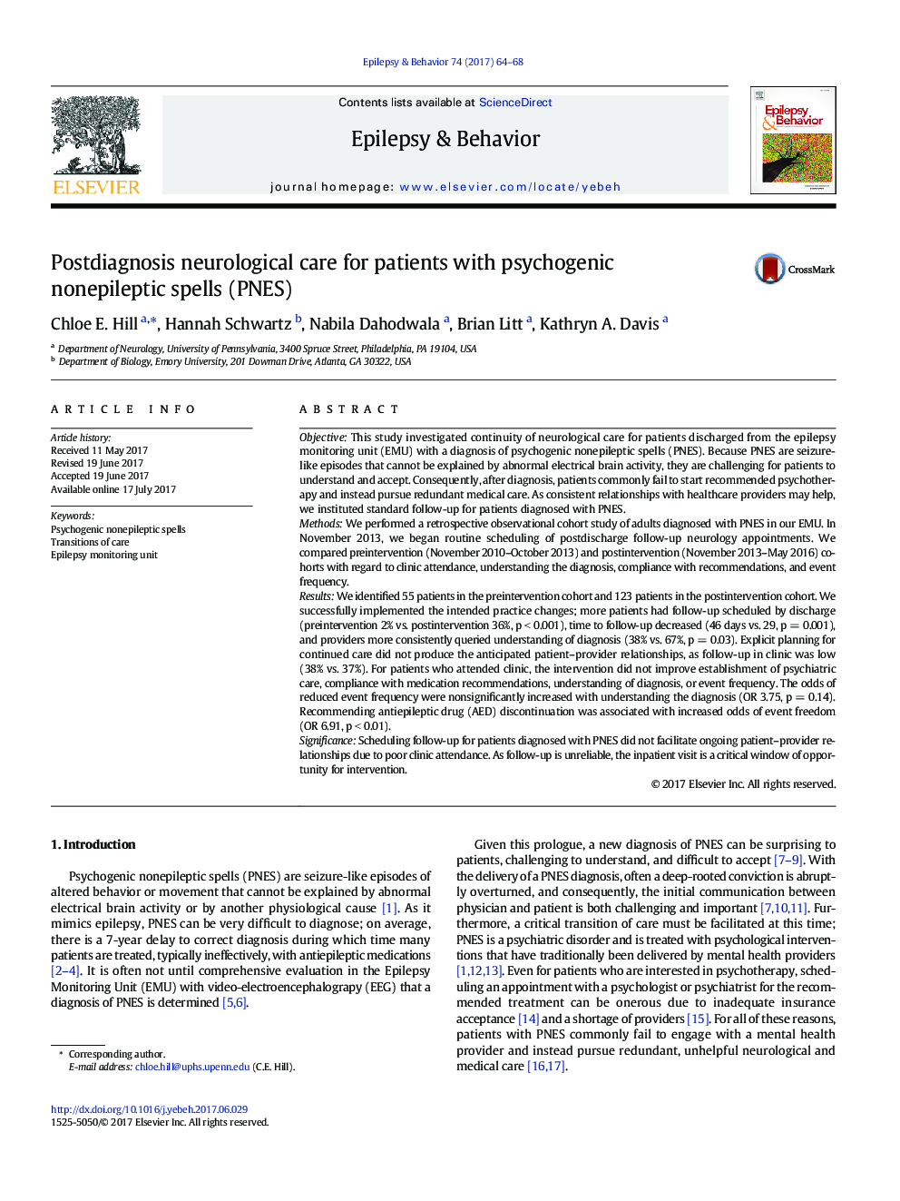 Postdiagnosis neurological care for patients with psychogenic nonepileptic spells (PNES)