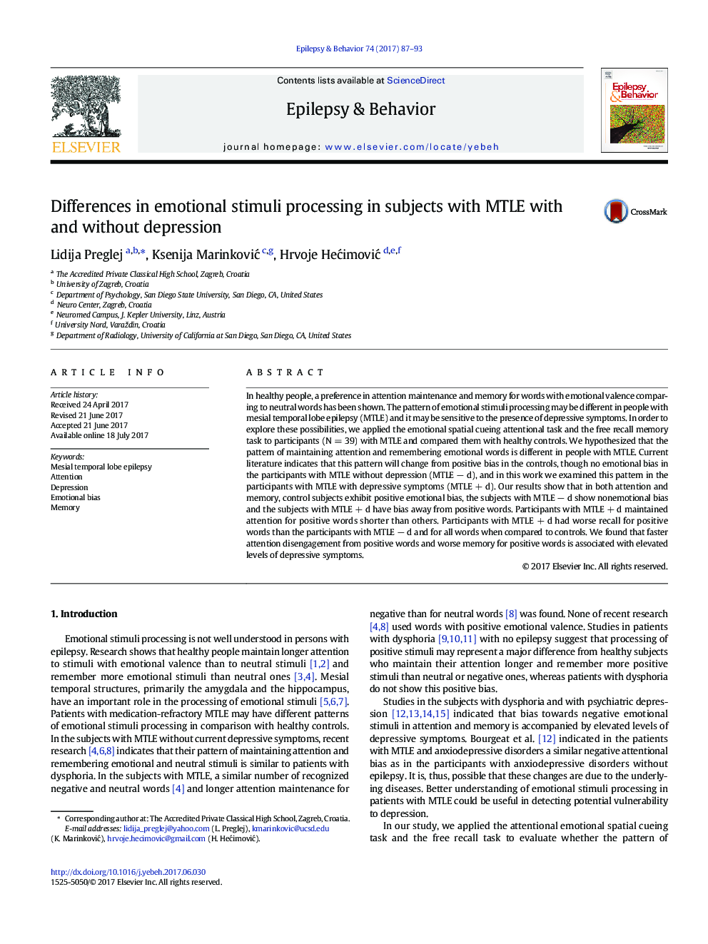 Differences in emotional stimuli processing in subjects with MTLE with and without depression