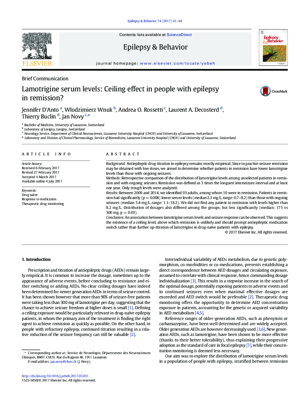 Brief CommunicationLamotrigine serum levels: Ceiling effect in people with epilepsy in remission?