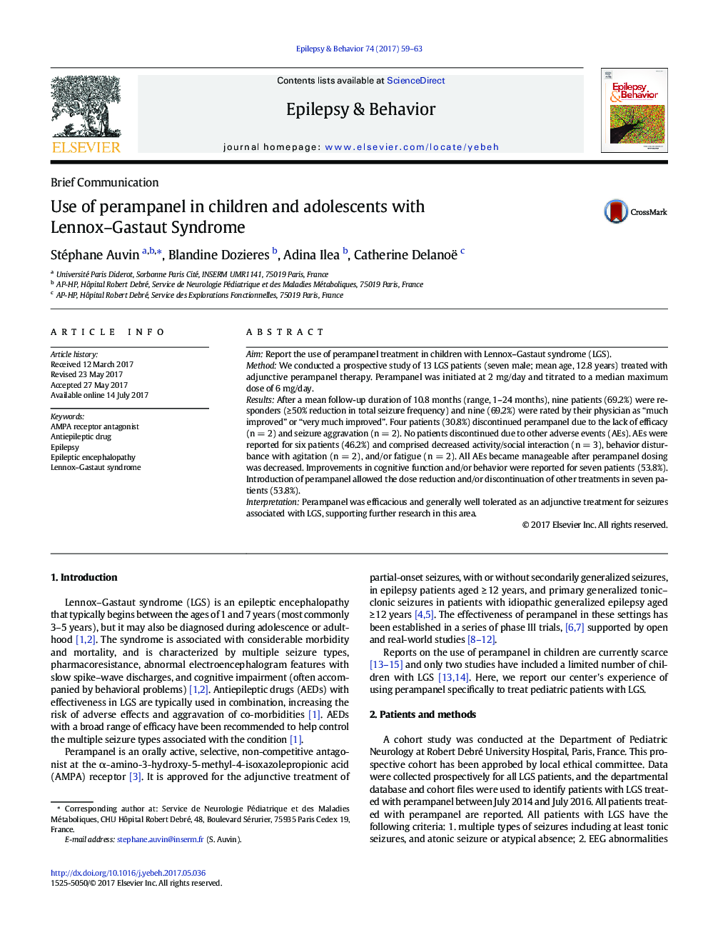 Brief CommunicationUse of perampanel in children and adolescents with Lennox-Gastaut Syndrome