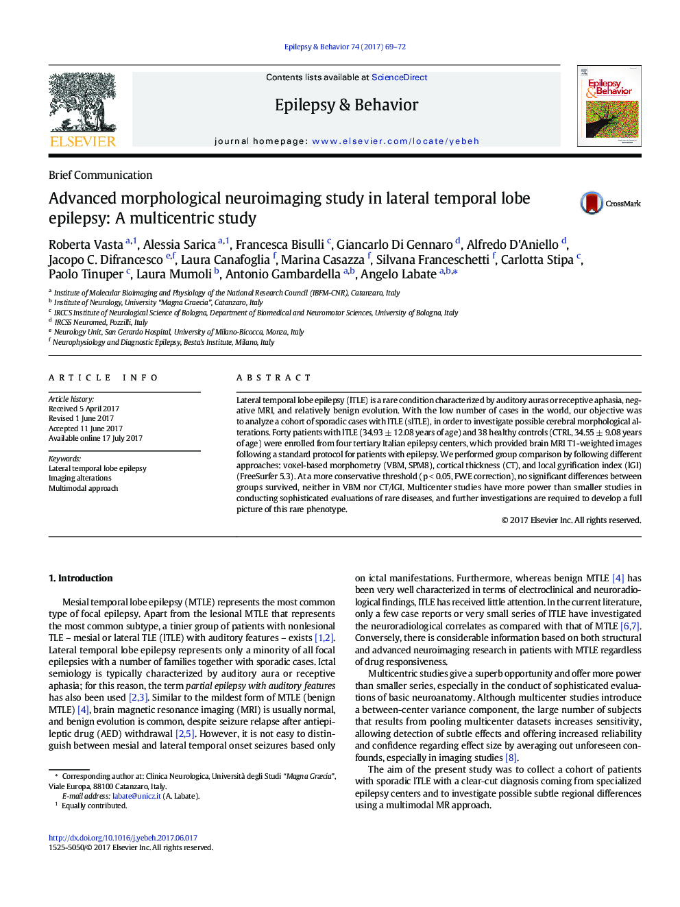 Brief CommunicationAdvanced morphological neuroimaging study in lateral temporal lobe epilepsy: A multicentric study