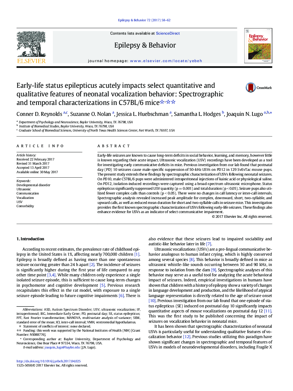 Early-life status epilepticus acutely impacts select quantitative and qualitative features of neonatal vocalization behavior: Spectrographic and temporal characterizations in C57BL/6 mice