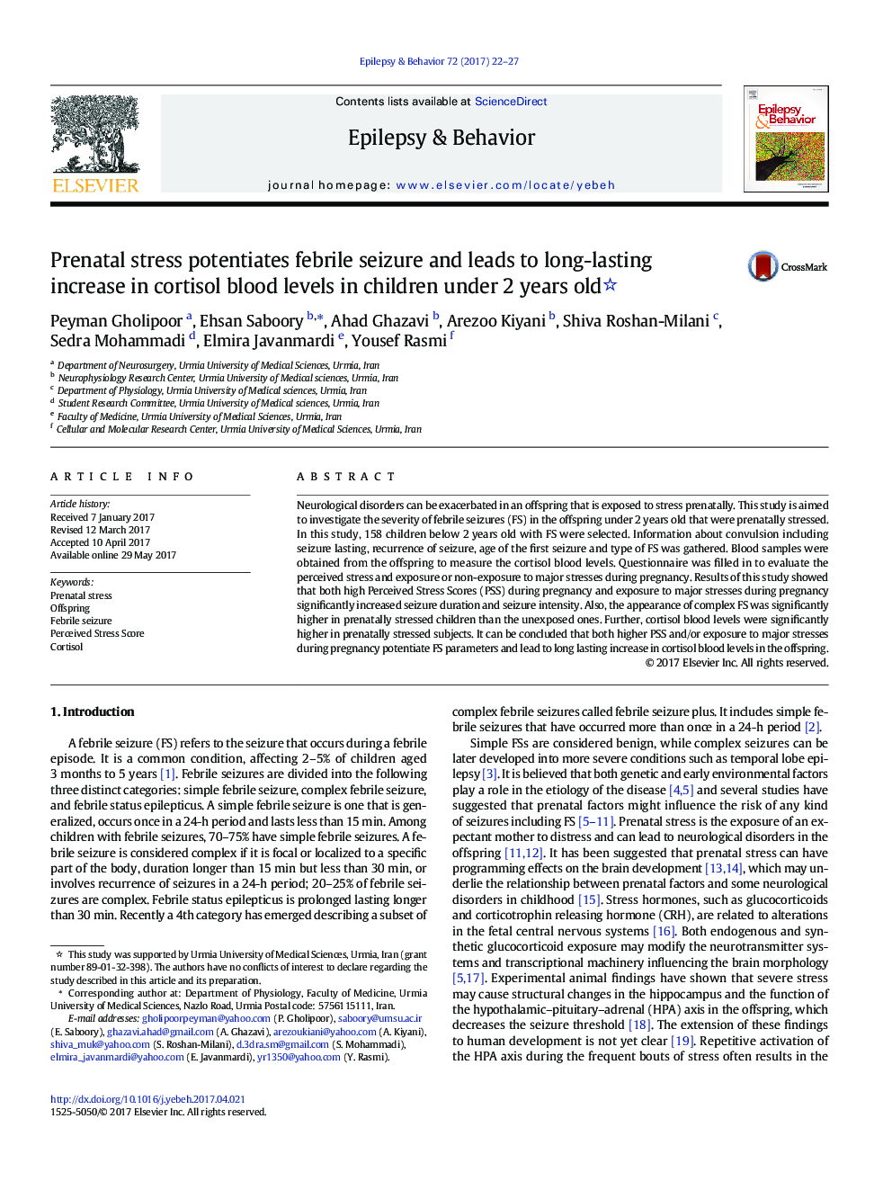 Prenatal stress potentiates febrile seizure and leads to long-lasting increase in cortisol blood levels in children under 2Â years old