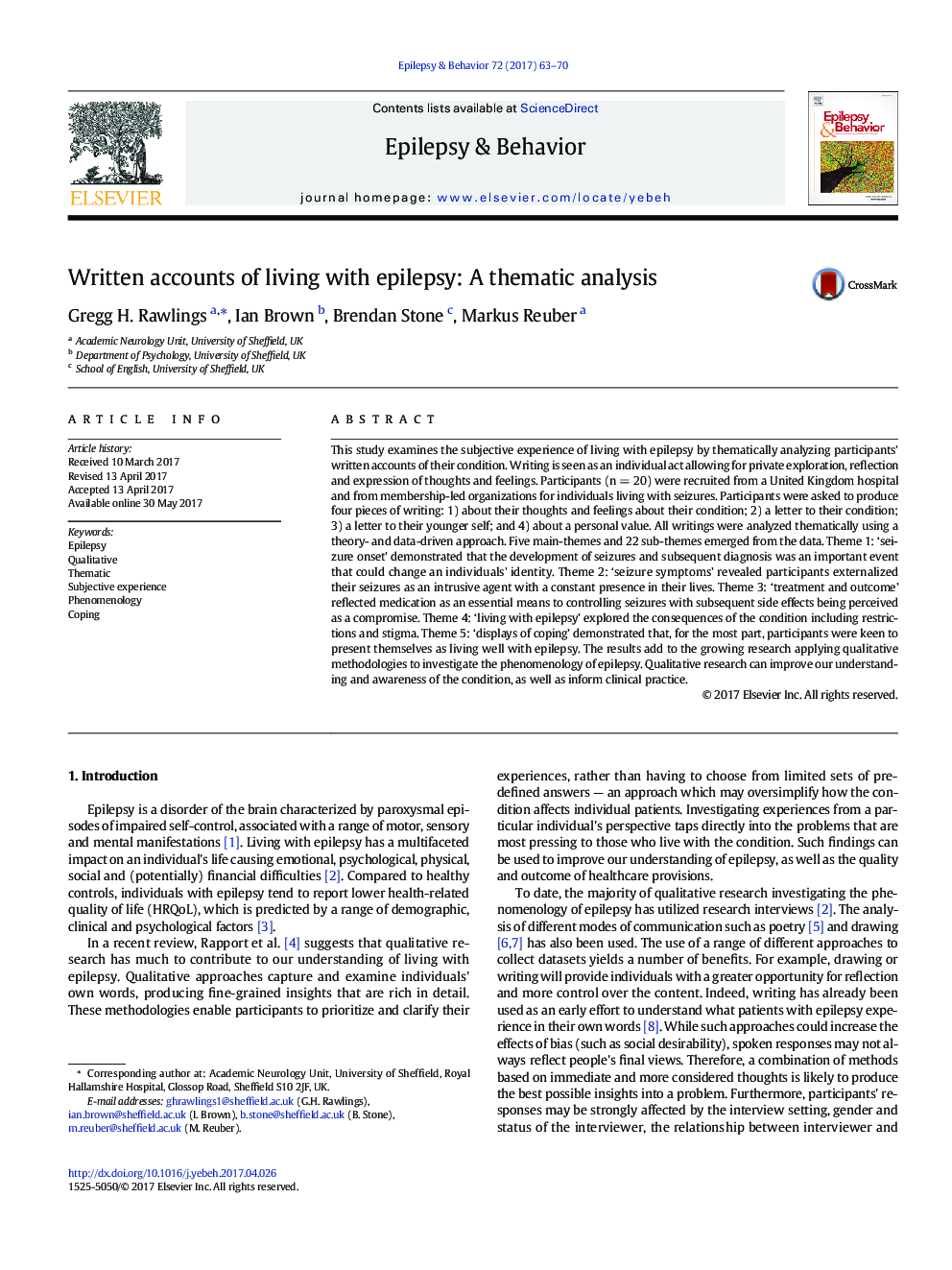 Written accounts of living with epilepsy: A thematic analysis