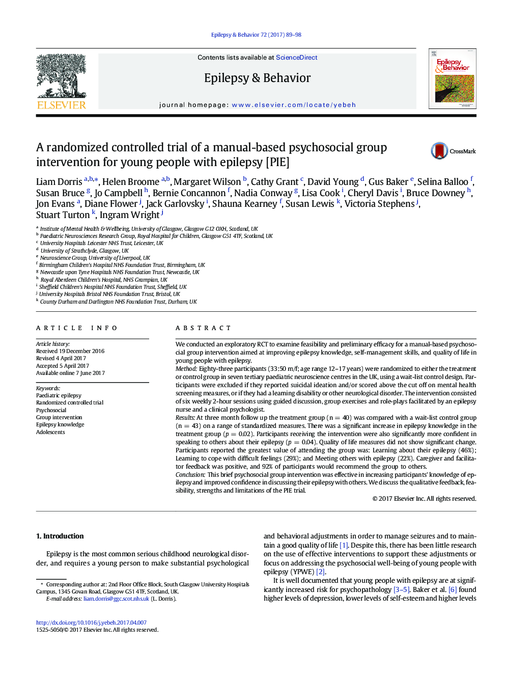 A randomized controlled trial of a manual-based psychosocial group intervention for young people with epilepsy [PIE]