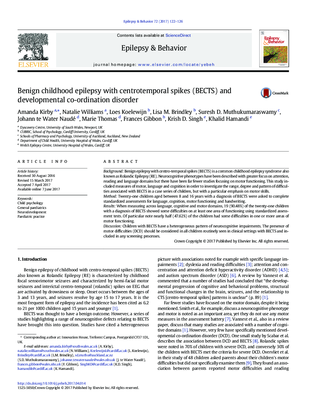 Benign childhood epilepsy with centrotemporal spikes (BECTS) and developmental co-ordination disorder