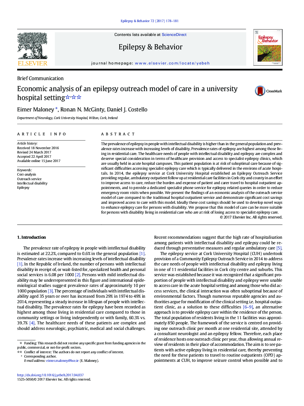 Brief CommunicationEconomic analysis of an epilepsy outreach model of care in a university hospital setting