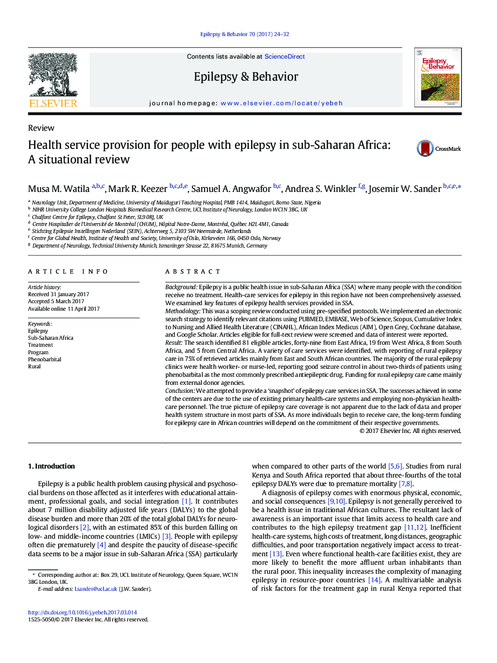 Health service provision for people with epilepsy in sub-Saharan Africa: A situational review