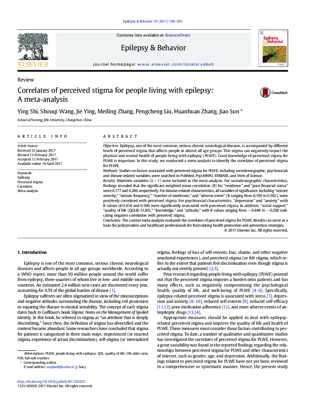 ReviewCorrelates of perceived stigma for people living with epilepsy: A meta-analysis