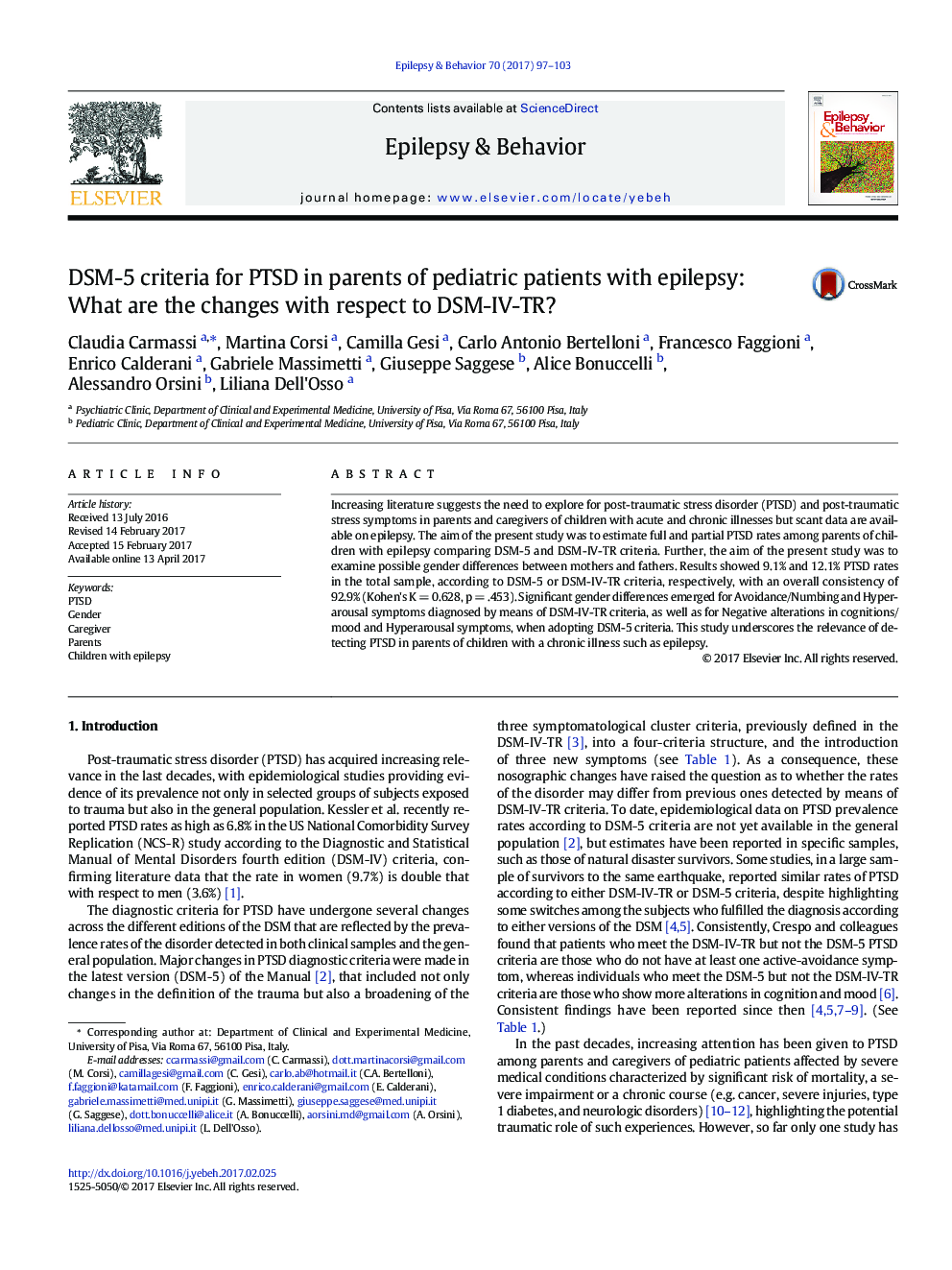 DSM-5 criteria for PTSD in parents of pediatric patients with epilepsy: What are the changes with respect to DSM-IV-TR?