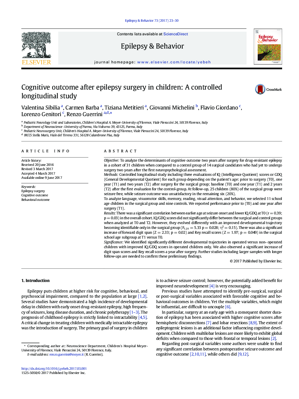 Cognitive outcome after epilepsy surgery in children: A controlled longitudinal study