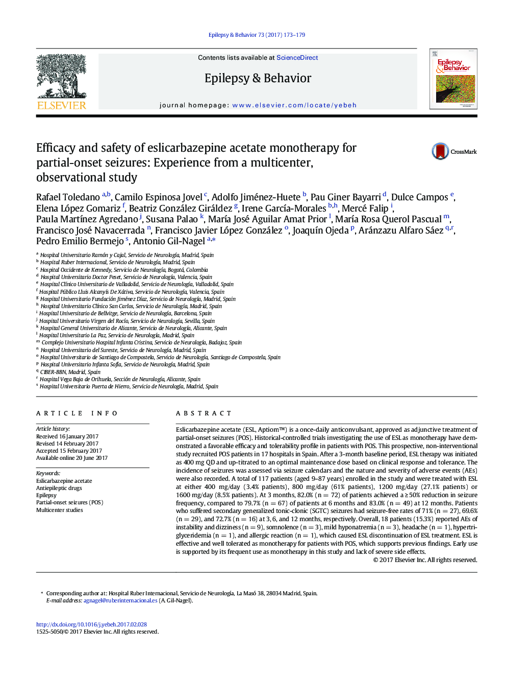 Efficacy and safety of eslicarbazepine acetate monotherapy for partial-onset seizures: Experience from a multicenter, observational study