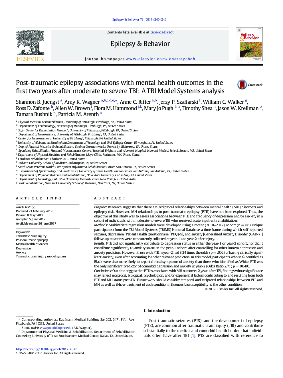 Post-traumatic epilepsy associations with mental health outcomes in the first two years after moderate to severe TBI: A TBI Model Systems analysis