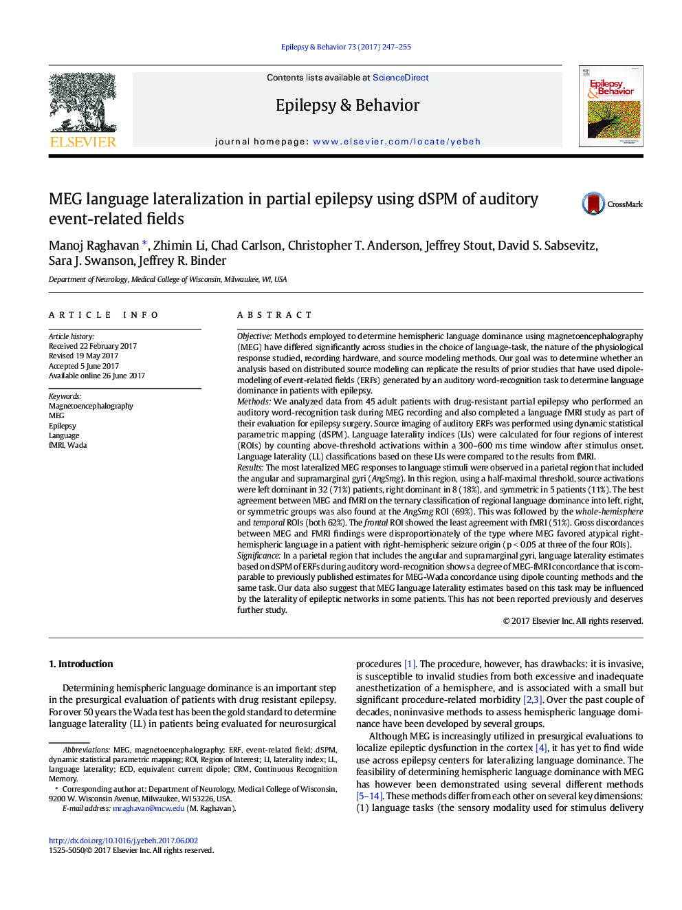 MEG language lateralization in partial epilepsy using dSPM of auditory event-related fields