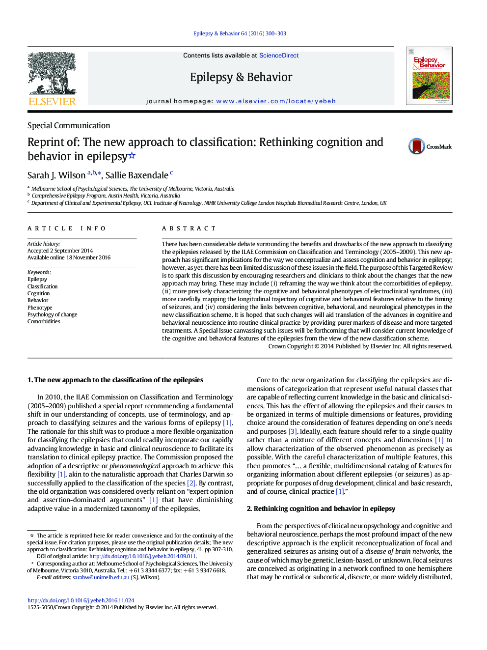 Special CommunicationReprint of: The new approach to classification: Rethinking cognition and behavior in epilepsy