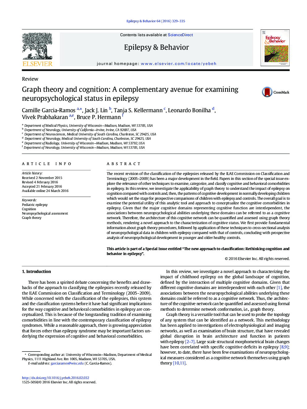 ReviewGraph theory and cognition: A complementary avenue for examining neuropsychological status in epilepsy