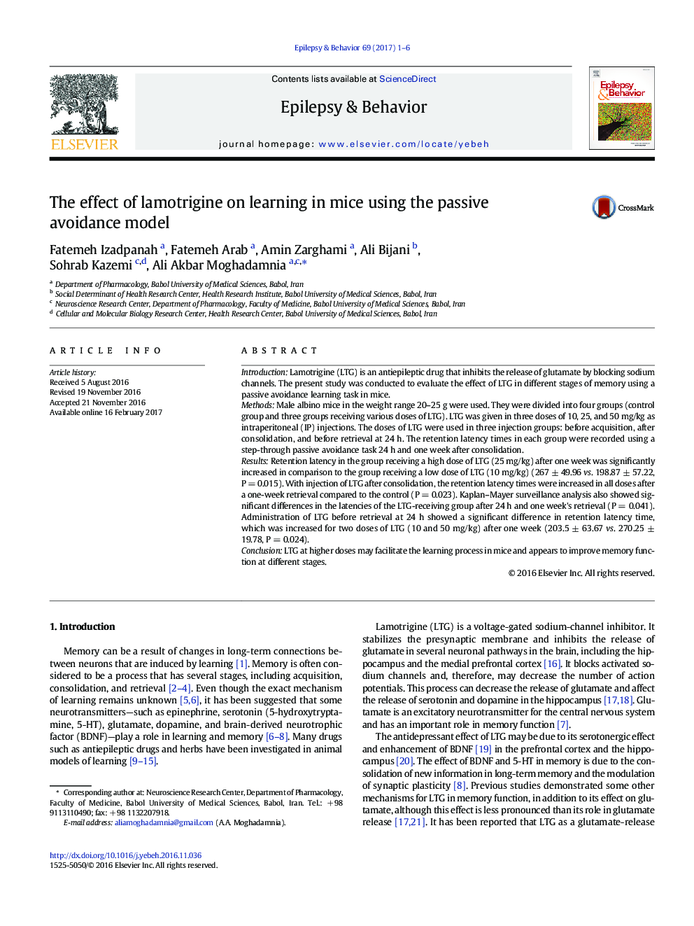 The effect of lamotrigine on learning in mice using the passive avoidance model