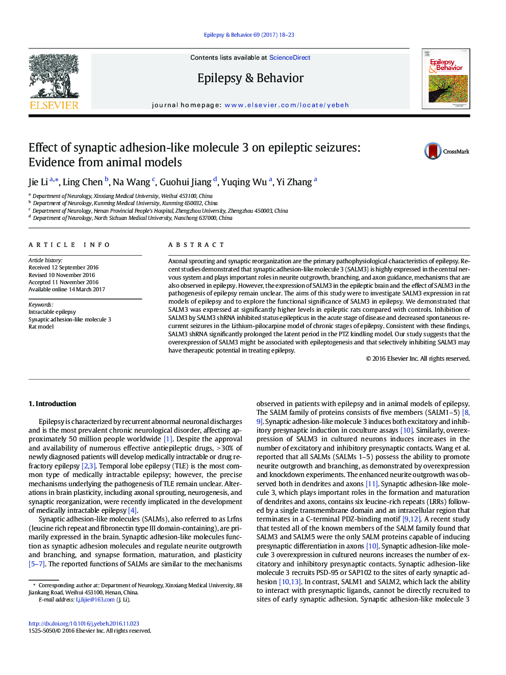 Effect of synaptic adhesion-like molecule 3 on epileptic seizures: Evidence from animal models