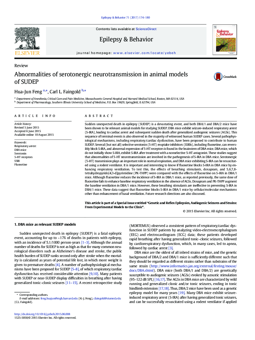 ReviewAbnormalities of serotonergic neurotransmission in animal models of SUDEP