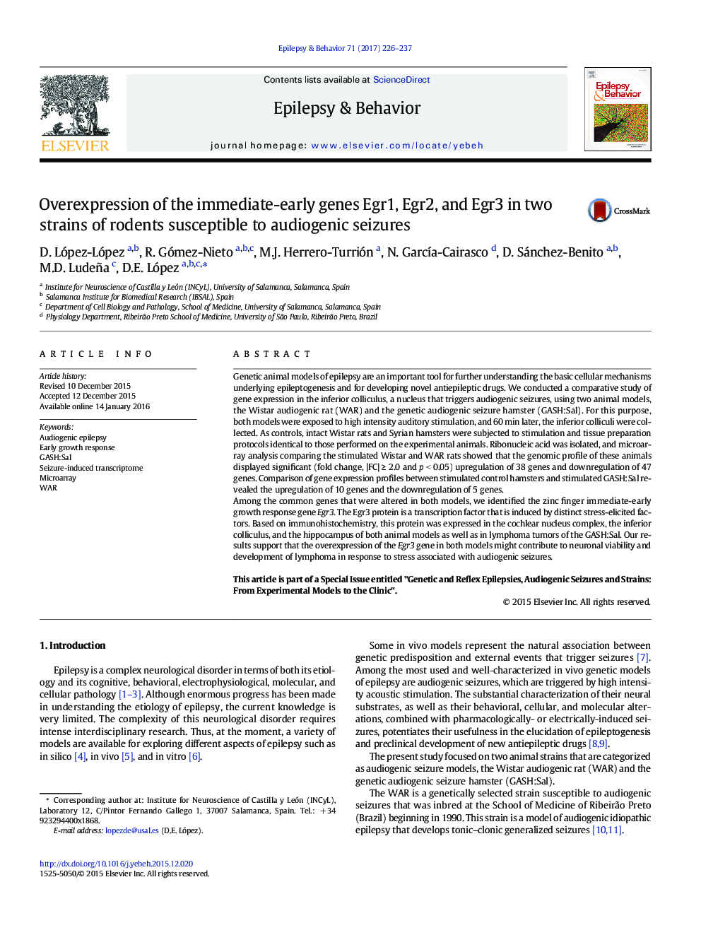 Overexpression of the immediate-early genes Egr1, Egr2, and Egr3 in two strains of rodents susceptible to audiogenic seizures